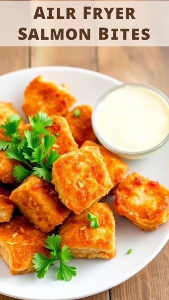 Crispy air fryer salmon bites garnished with parsley on a plate with dipping sauce.